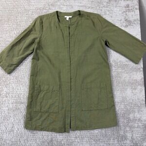 Eileen Fisher Organic Cotton Open Front Jacket Olive Green XS S17WAI Pocket Coat